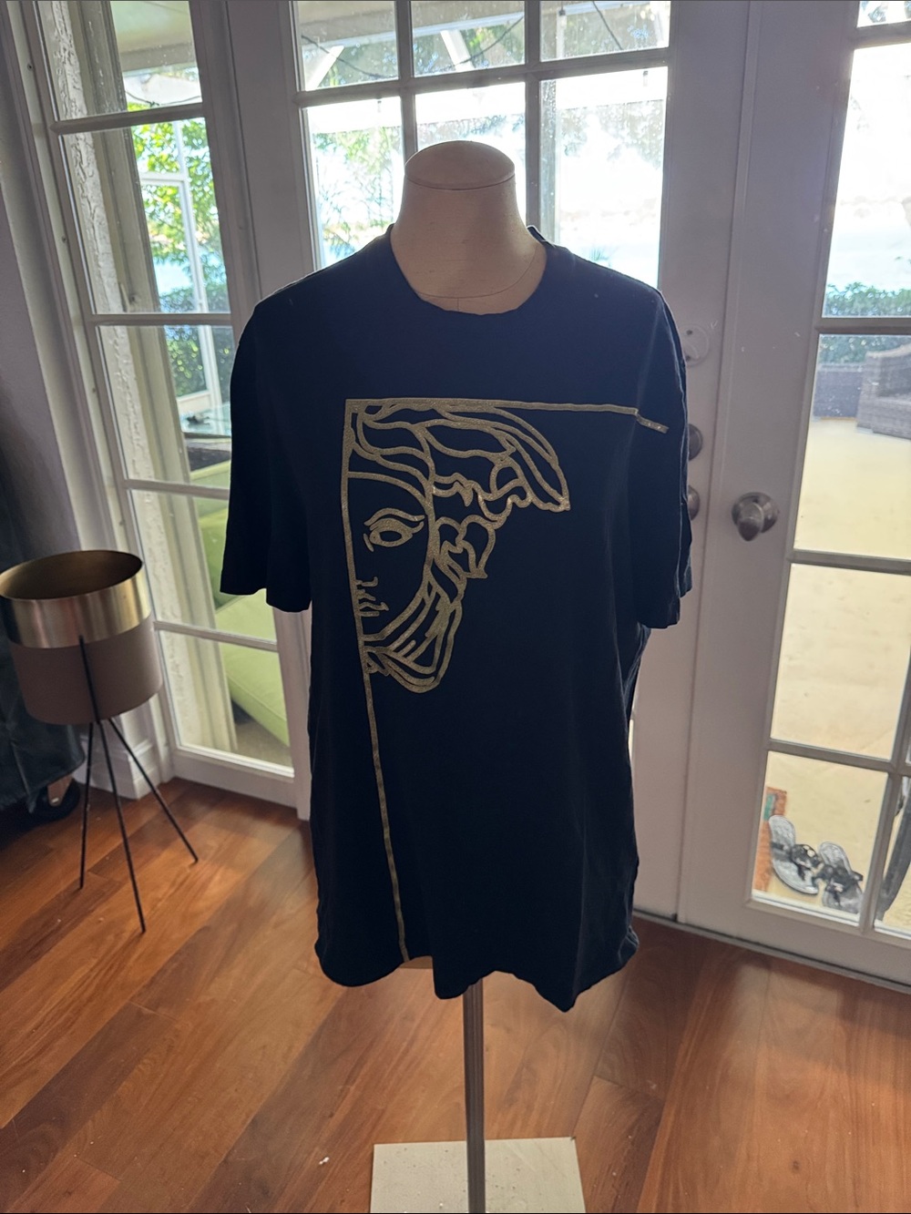 Versace Black T-Shirt with Gold Medusa Line Print